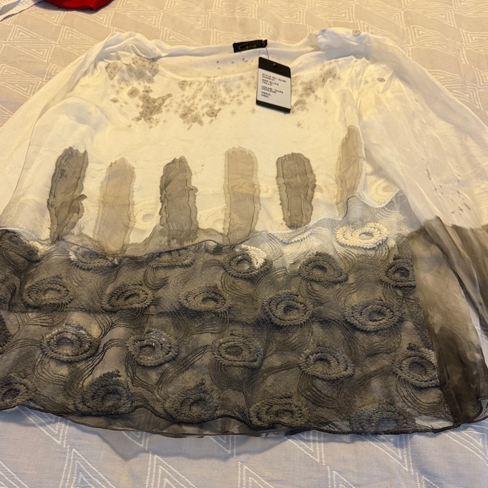 Chic Sheer White and Gray Blouse